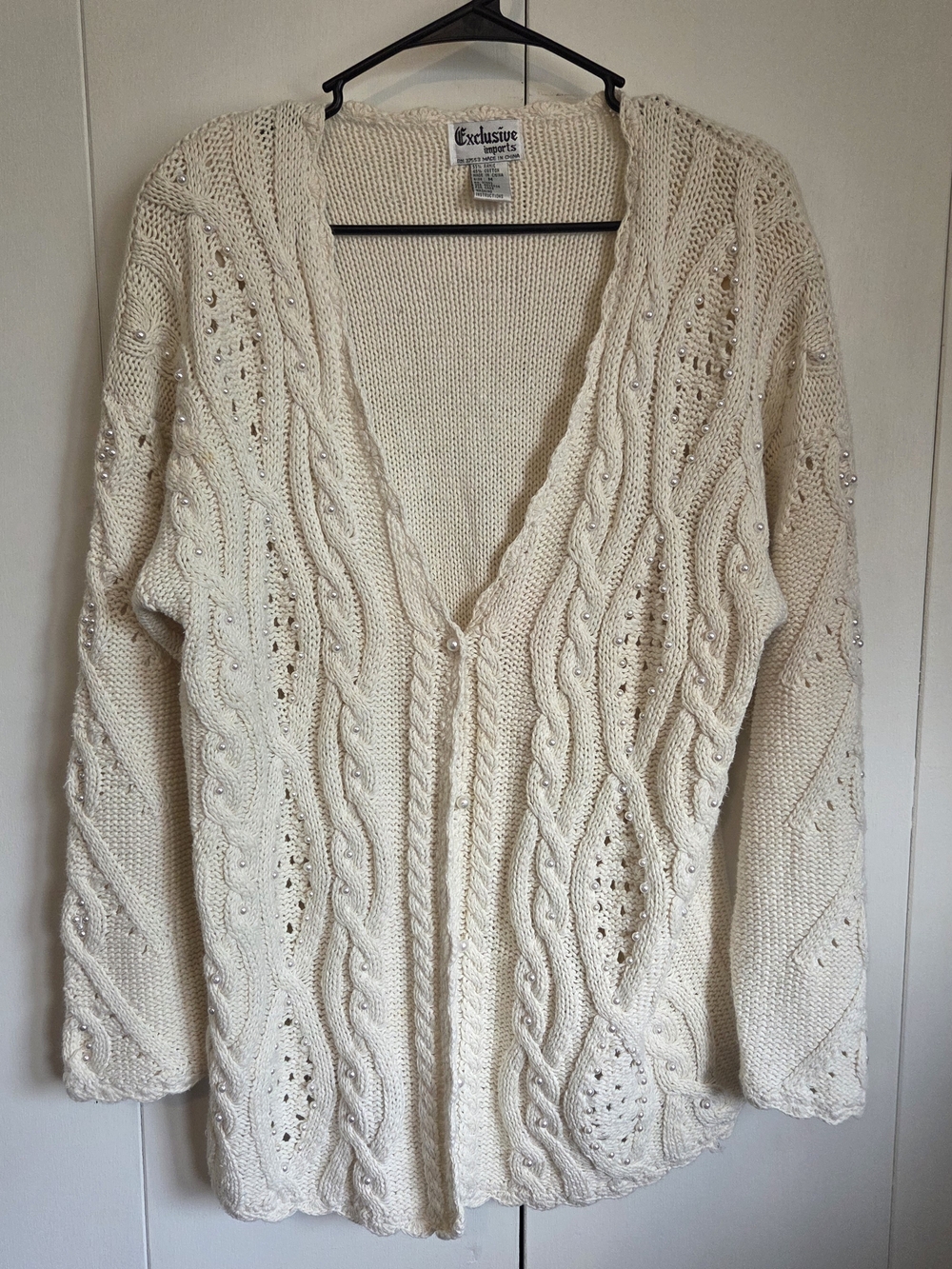 Exclusive Imports Vintage Cream Chunky Knit Pearl Cardigan Medium Cottagecore